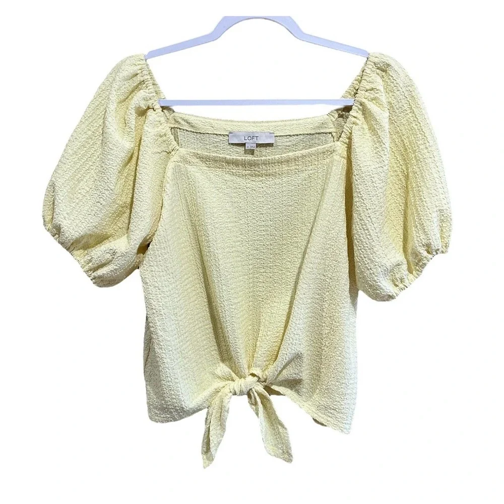 LOFT Women’s Square Neck Tie Front Soft Yellow Blouse Puff Sleeve Top Size M